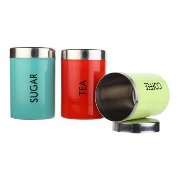 3 Pcs  Multicolor Airtight Stainless Steel Tea Coffee Sugar Canister Set 600ml  - 600ml,  Multicolor, Stainless Steel, Airtight, Set of 3